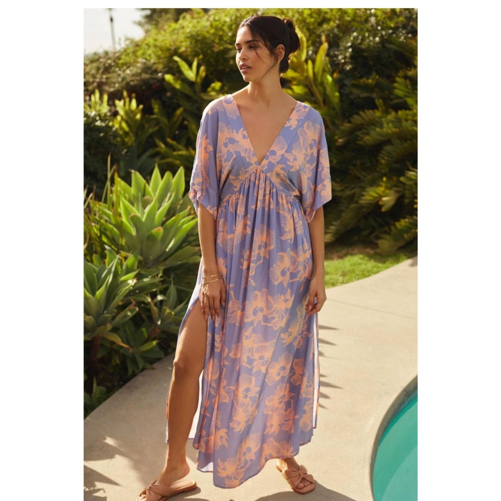 Anthropologie Lavender and Peach Floral Maxi Dress